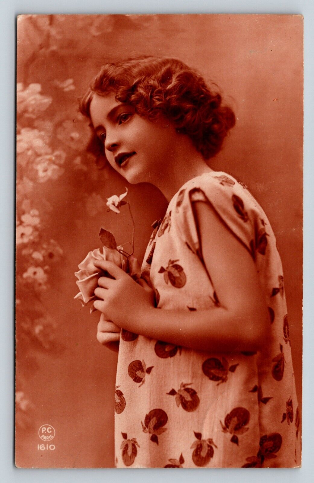 c1927 RPPC Wonderful Studio Glamor Shot of Young Girl w/ Flower Tinted Postcard