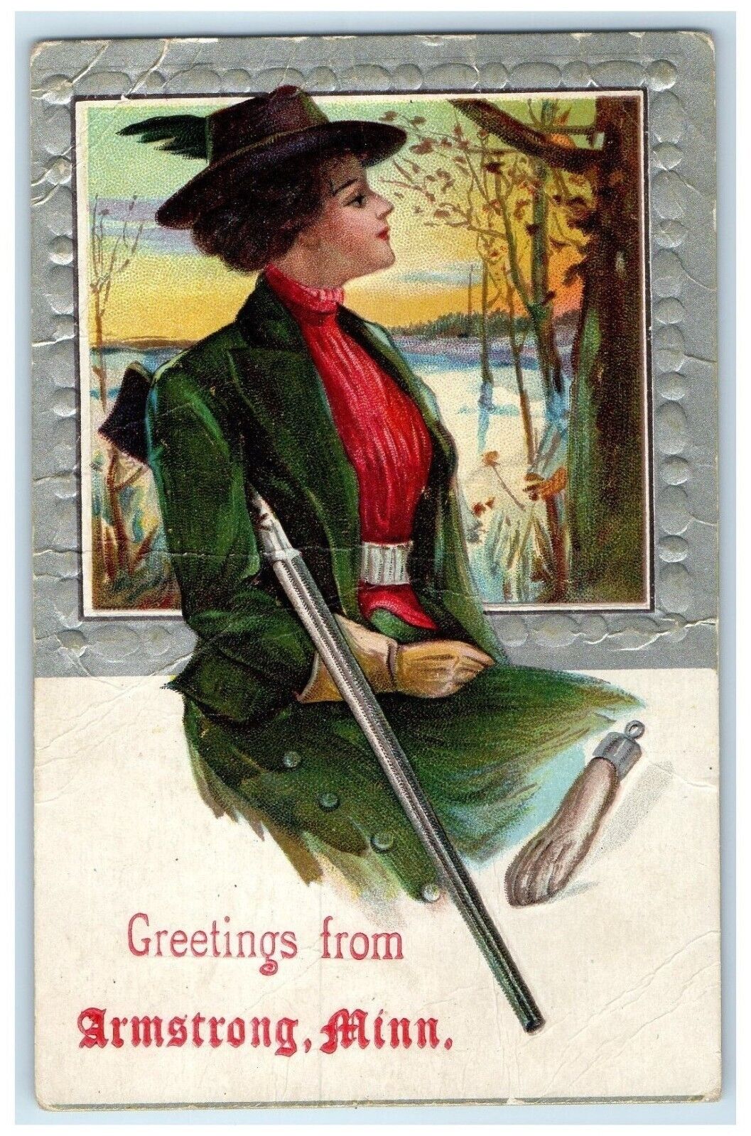 1912 Greetings From Woman Sitting Scene Armstrong Minnesota MN Vintage Postcard