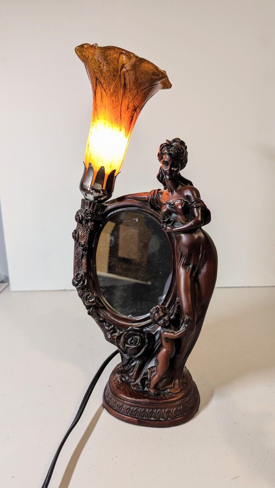 Rare Vintage Tiffany Style Lady Cherub Lamp & Mirror w/Glass Shade - Art Deco