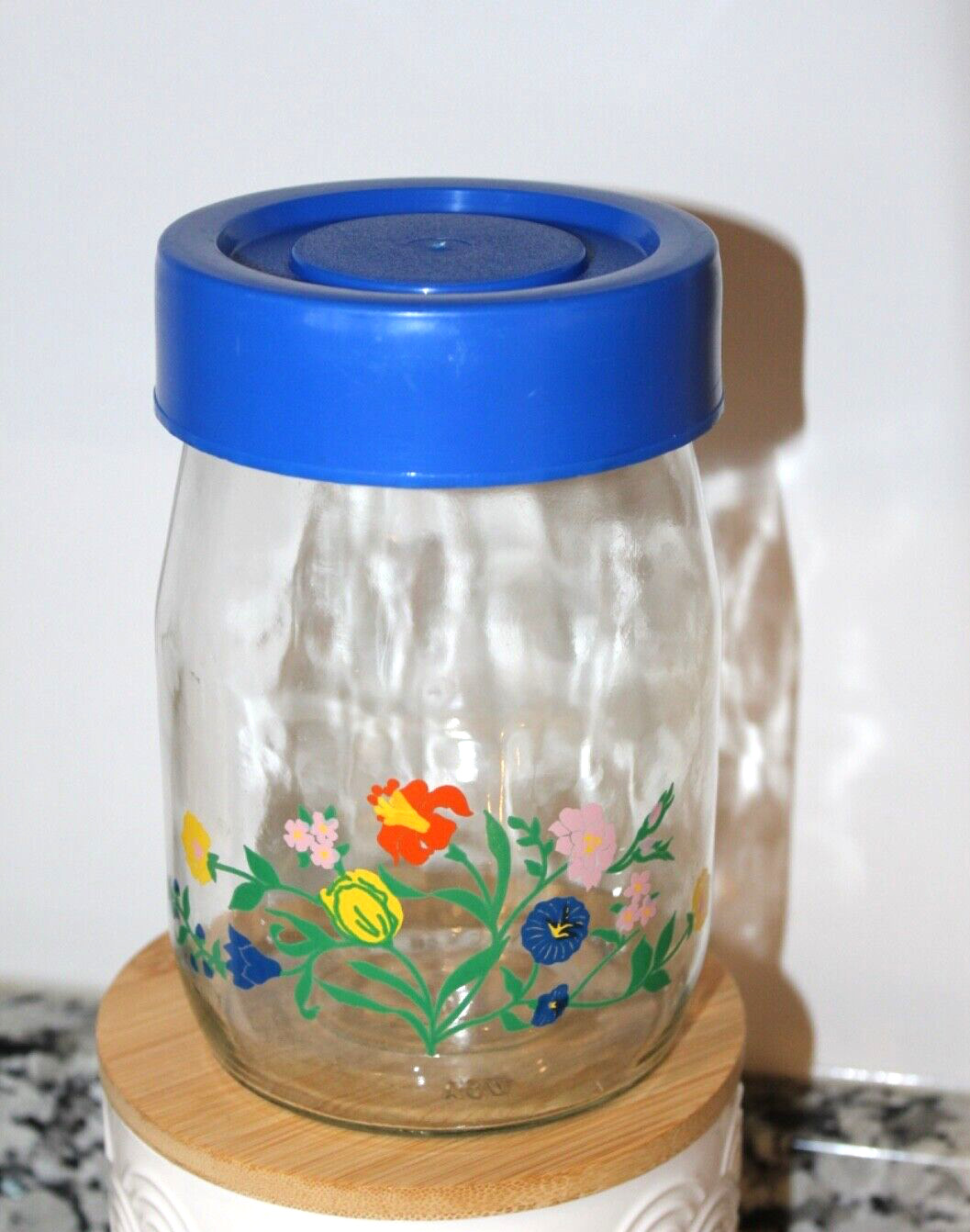 Vintage Carlton Glass Flower Pattern 1L Jar Canister with Blue Lid