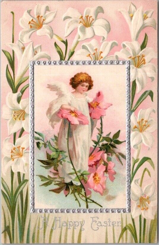 1910s EASTER Embossed Postcard Tiny Angel Girl Lily Flowers *Might Be Clapsaddle