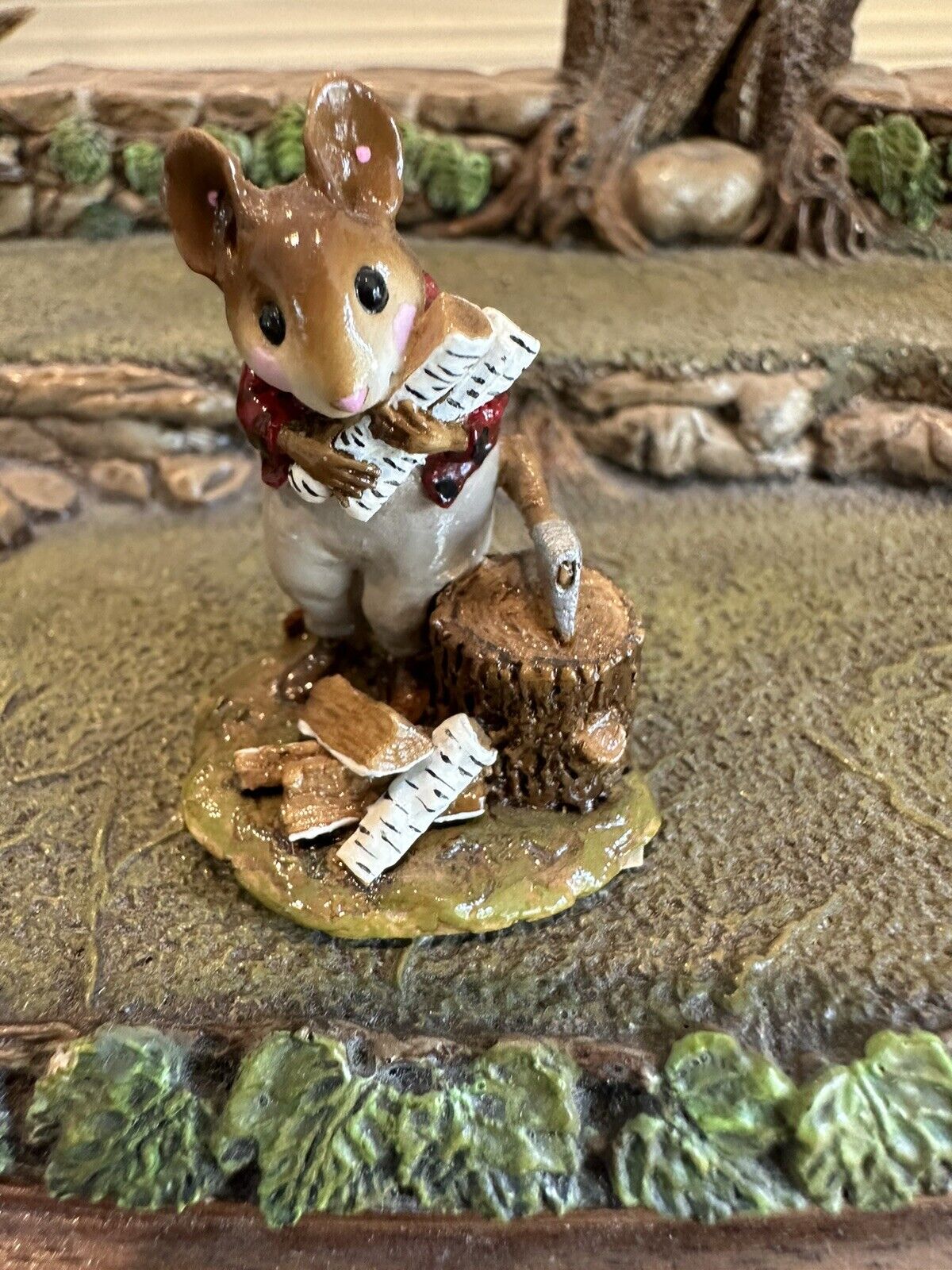 Wee Forest Folk M-243 Woody Woodmouse Wood Chopper Preparing For Fall Autumn