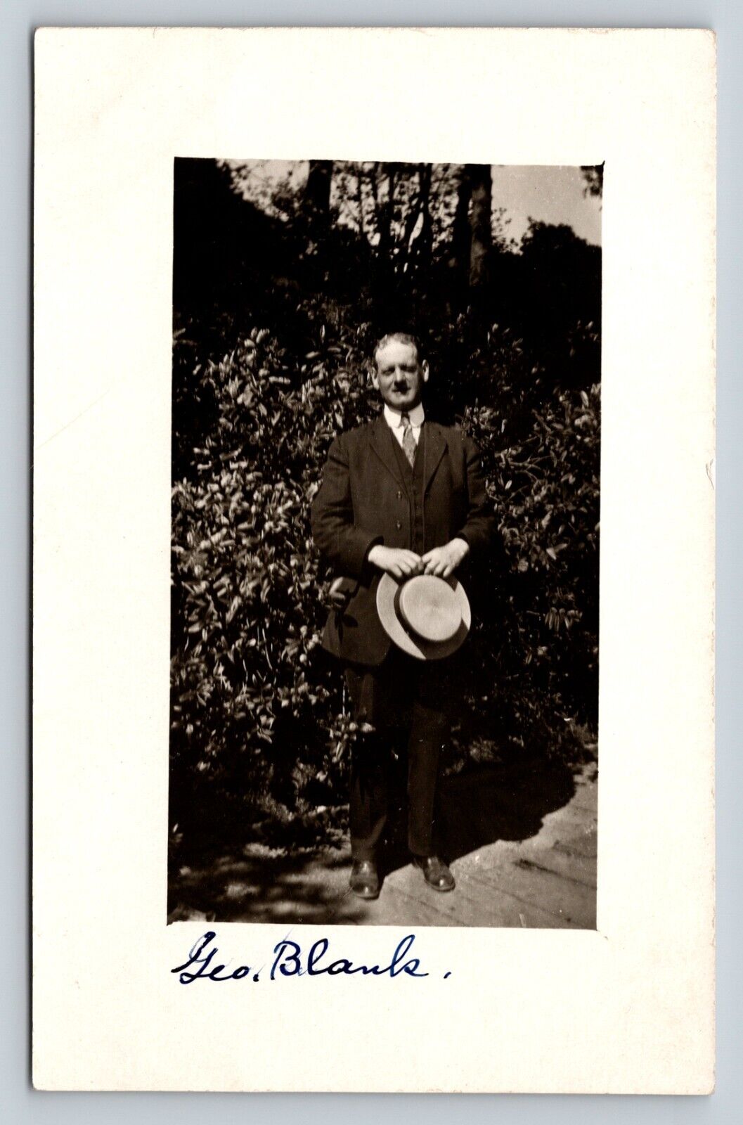 RPPC Man Holding Hat in Front of Bush VINTAGE Postcard 1314