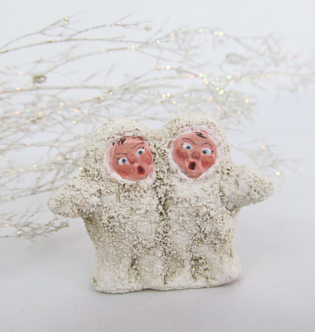 Vintage Miniature Paper Mache Snow Baby Googly-Faced Couple Figurine - WOW