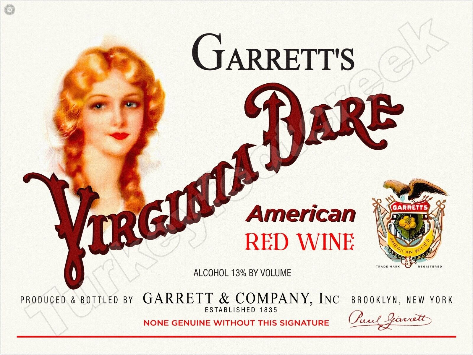 Garrett\'s Virginia Dare American Red Wine Metal Sign 3 Sizes to Choose From