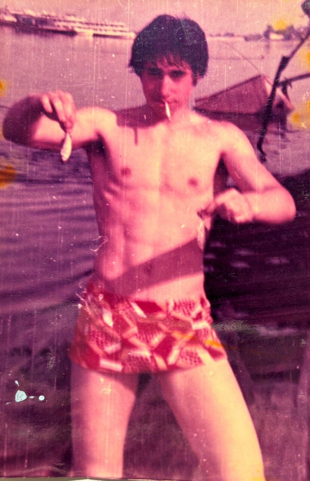 1980s Young Shirtless Fisherman Man Muscular Guy Trunks Bulge Vintage Photo