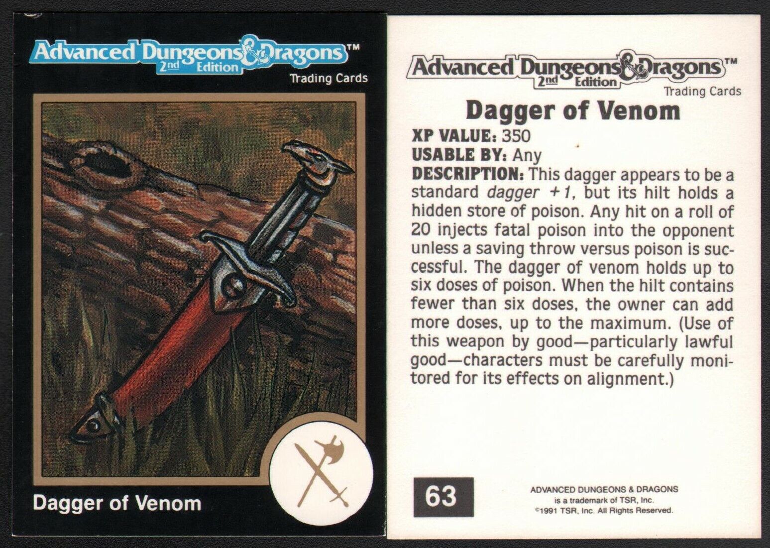 1991 TSR AD&D Gold Dungeons & Dragons RPG Fantasy Art Card #63 ~ Magic Dagger