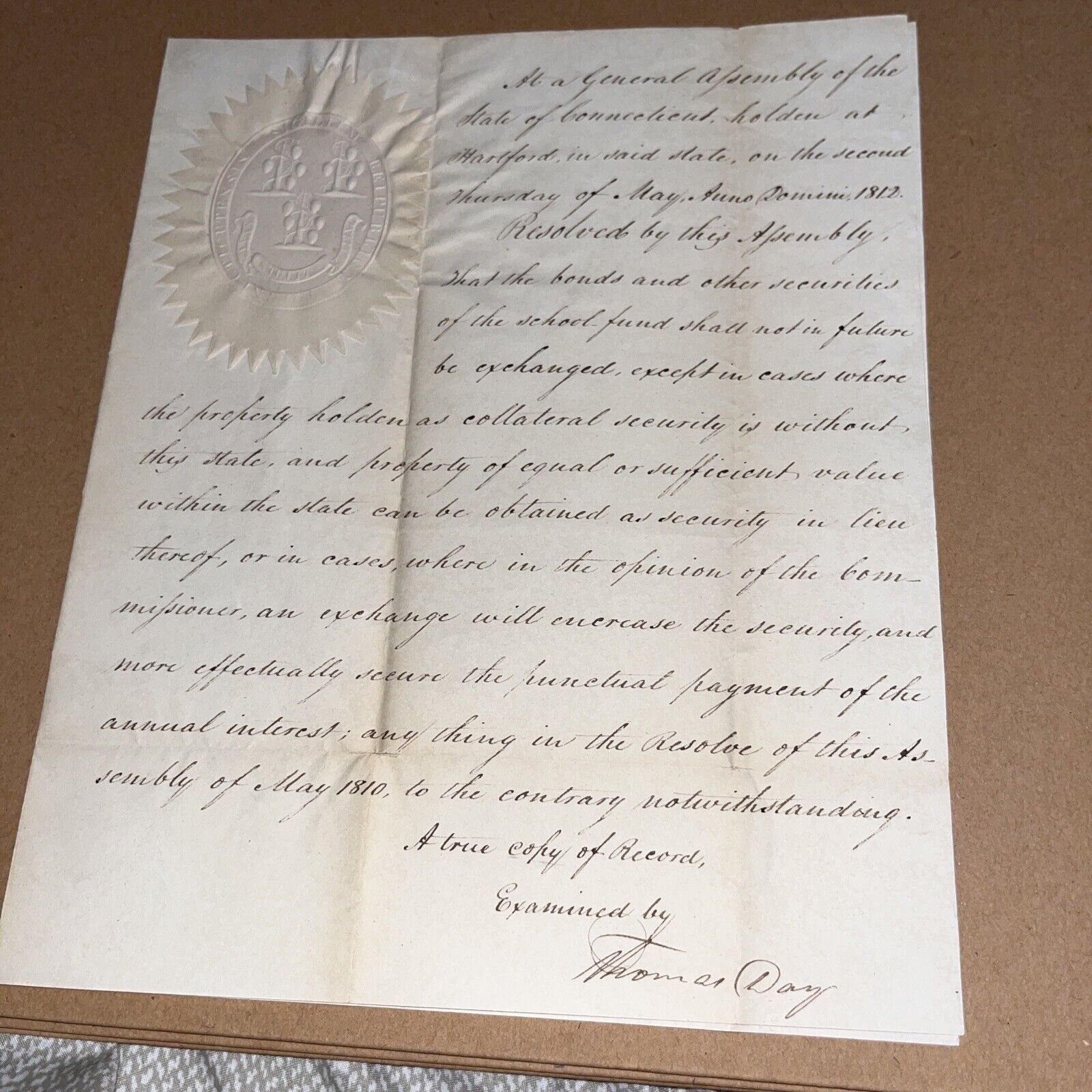 1812 Resolution of Connecticut General Assembly on School Fund Signed Thomas Day