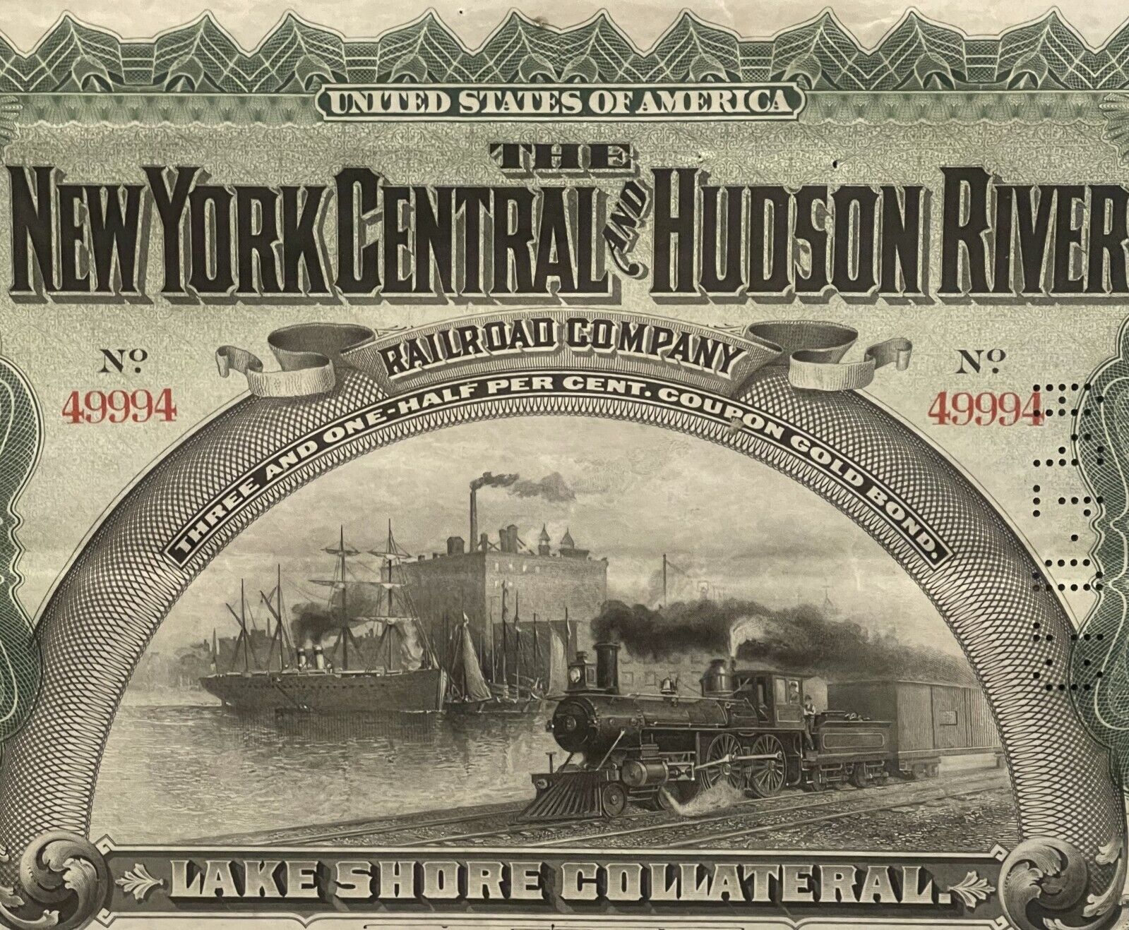 Antique 1898 NY Central & Hudson River Railroad Gold Bond Certificate W/Coupons