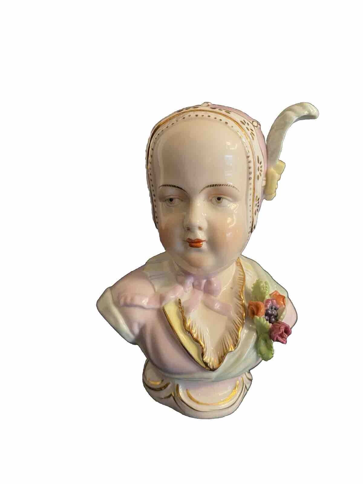 Antique German Sitzendorf Porcelain Figurine Bust in Bonnet