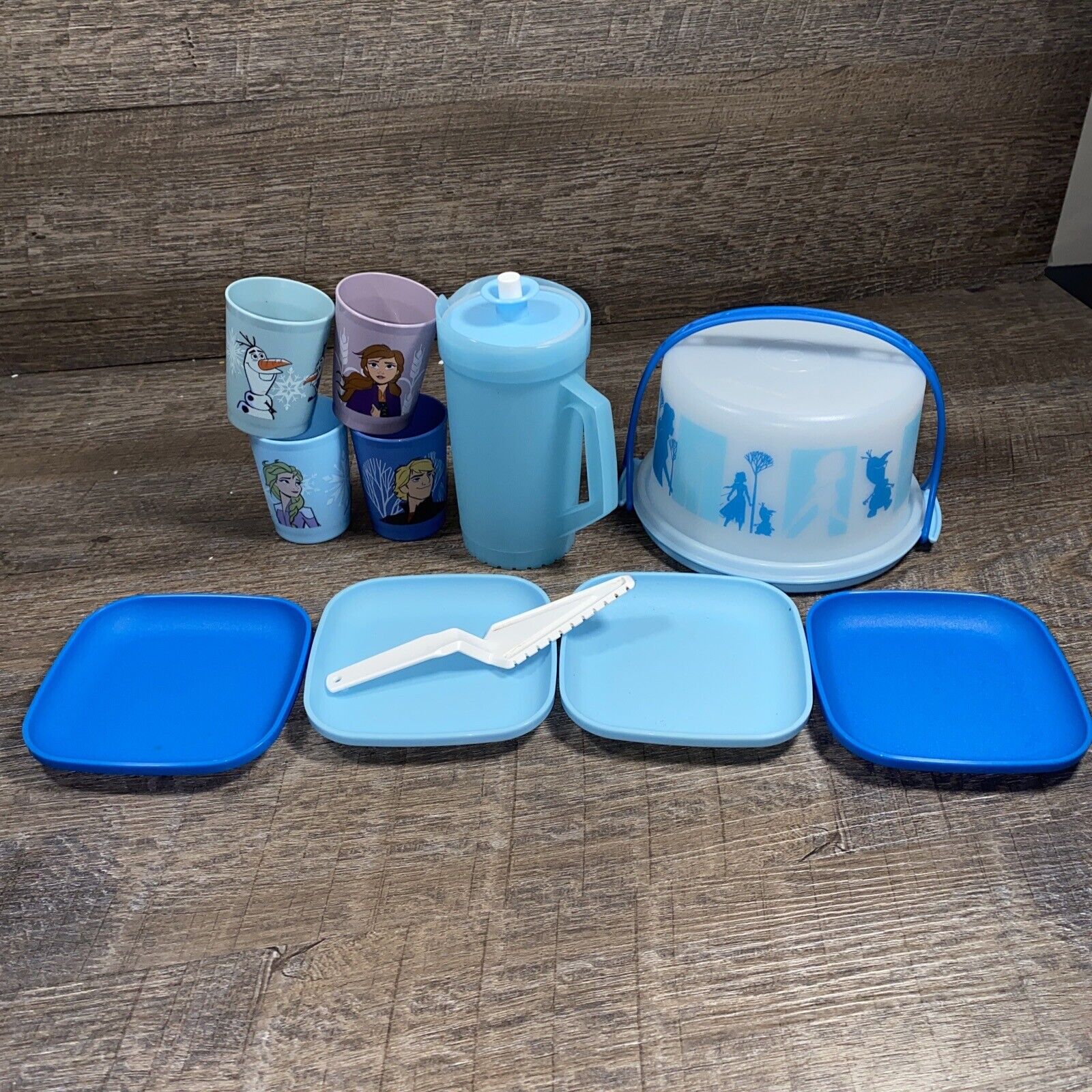 Tupperware FROZEN Sets-Cake Carrier ,knife, & plates  & Pitcher & tumblers
