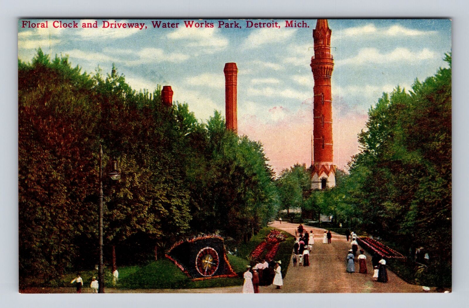 Detroit MI- Michigan, Floral Clock And Driveway, Water Works, Vintage Postcard