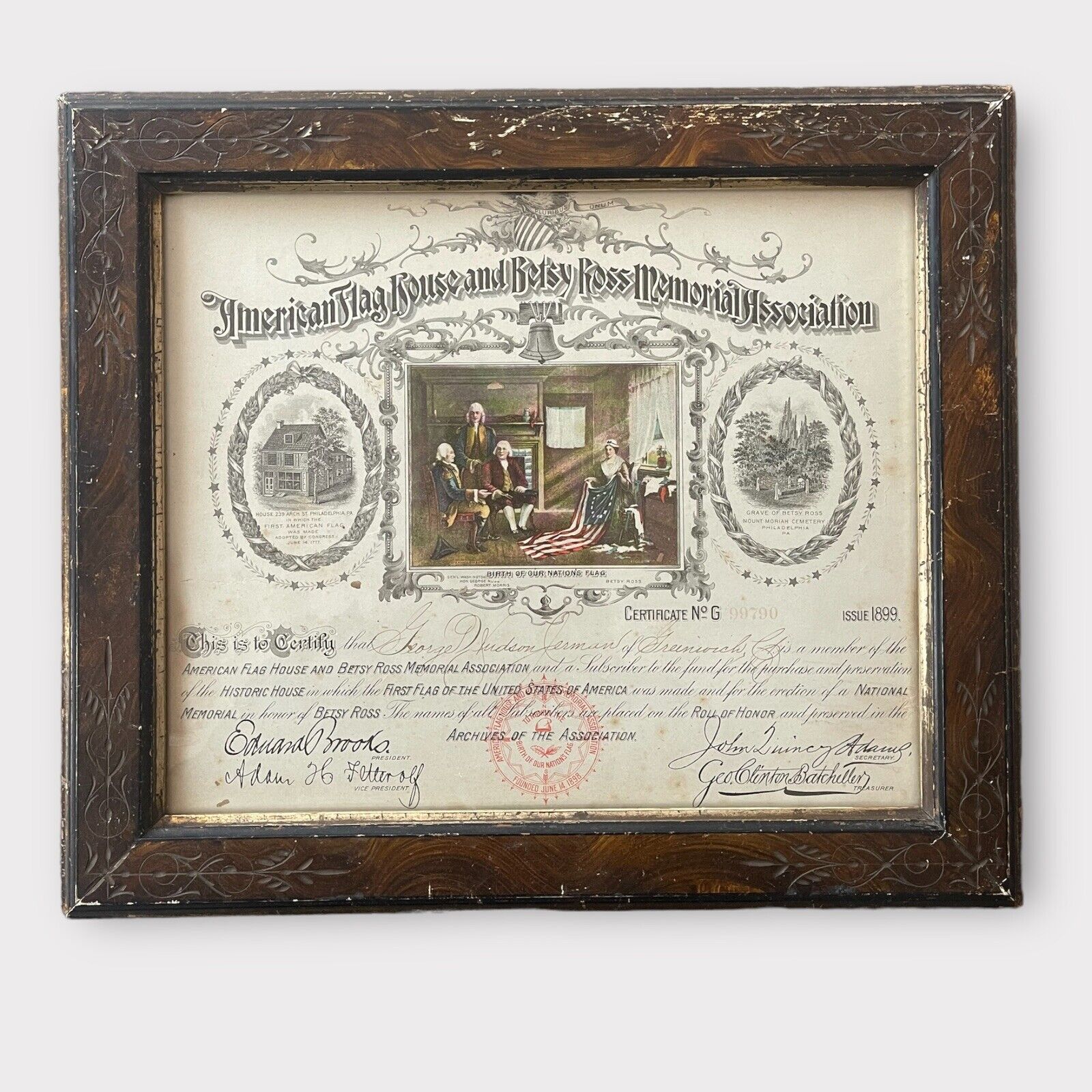 Certificate American Flag House and Betsy Ross Memorial Association 1899  #99790