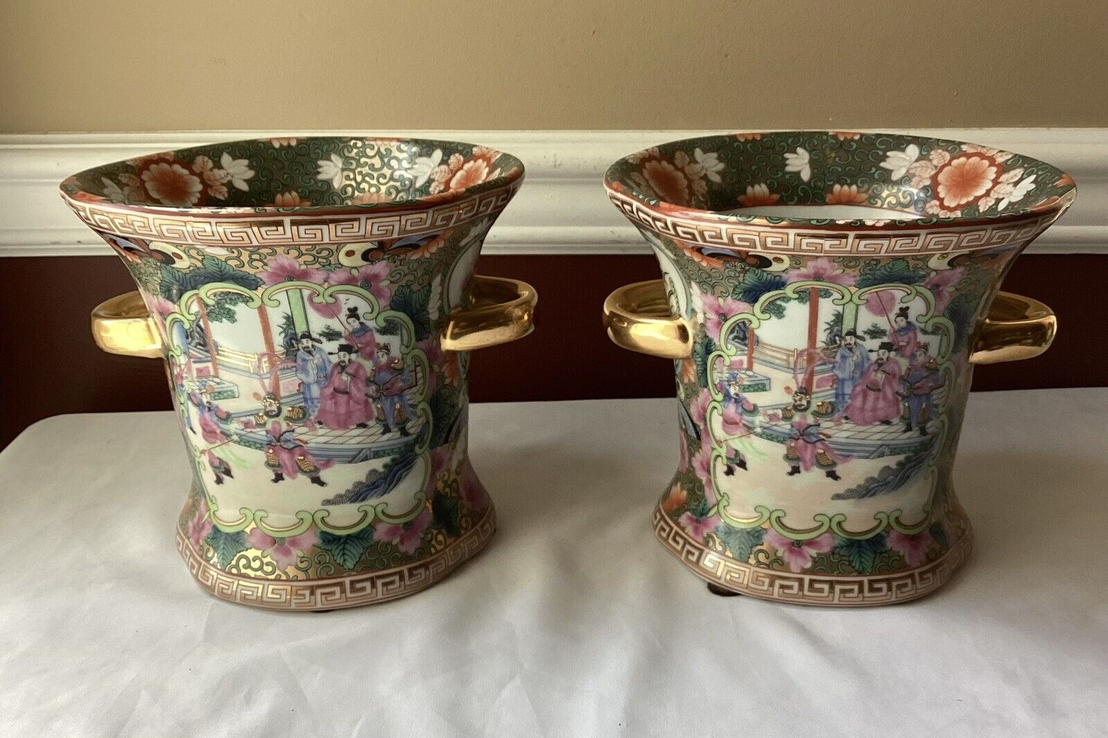 Pair Of VTG Chinese Porcelain Famille Rose Figural Vases/ Planters, 7