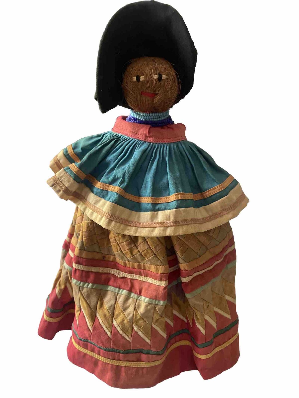 NATIVE AMERICAN VINTAGE SEMINOLE patchwork doll Quilted Skirt Dress Beads