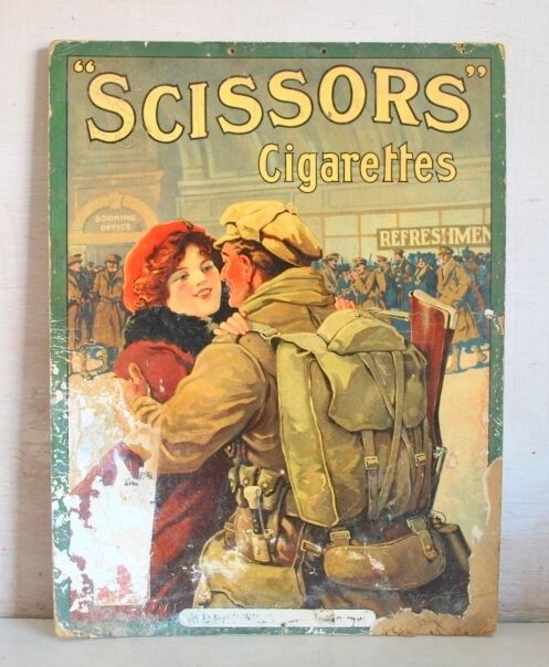 Old Antique Tobacco Scissors Cigarette Advertising Sign Cardboard Litho Landon 