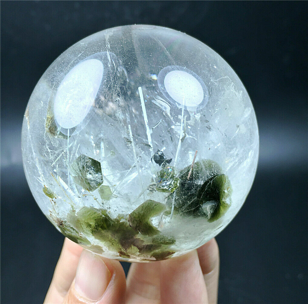 RARE NATURAL Green mica & Rutilated Quartz Crystal Sphere healing 60mm  Stand