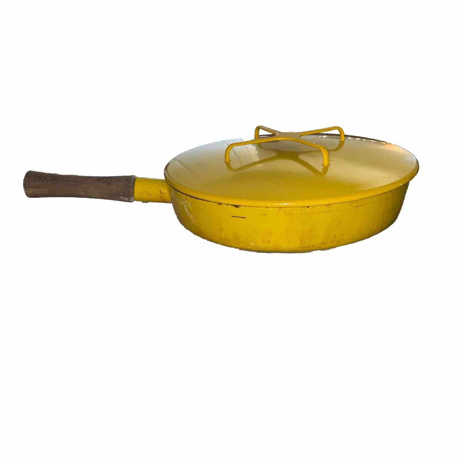 Dansk Kobenstyle Yellow Enamel Skillet Pan Wood Handle Quistgaard Lid Vintage