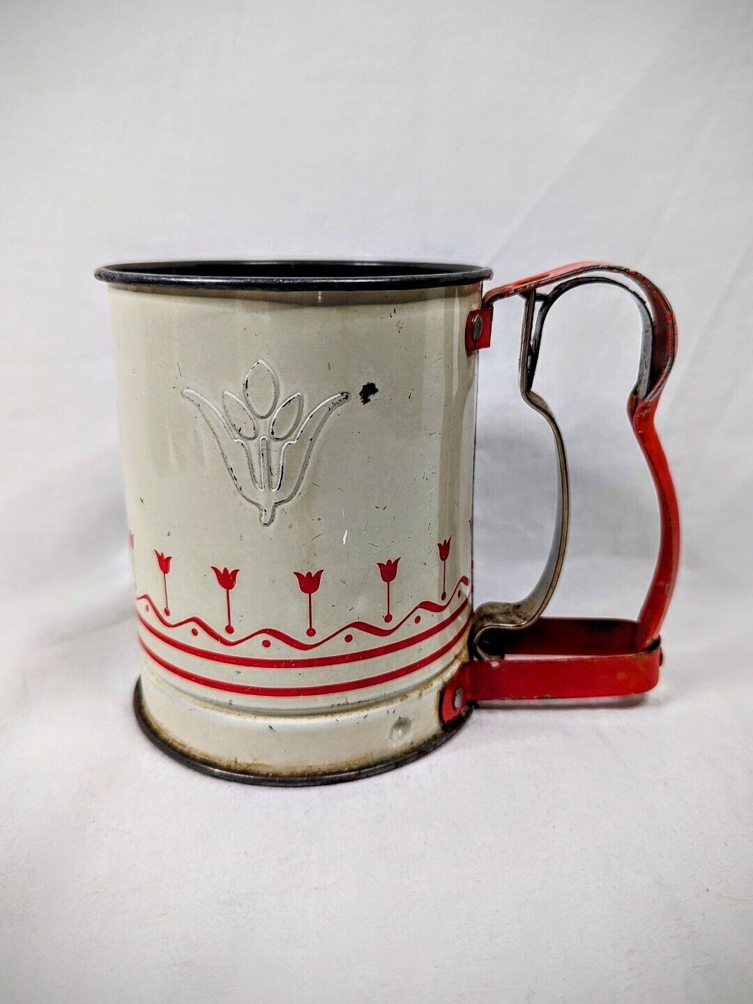 Vintage Sifter Androck Baking Handi-Sift Jr. Red White Tulip Tin Country Kitchen