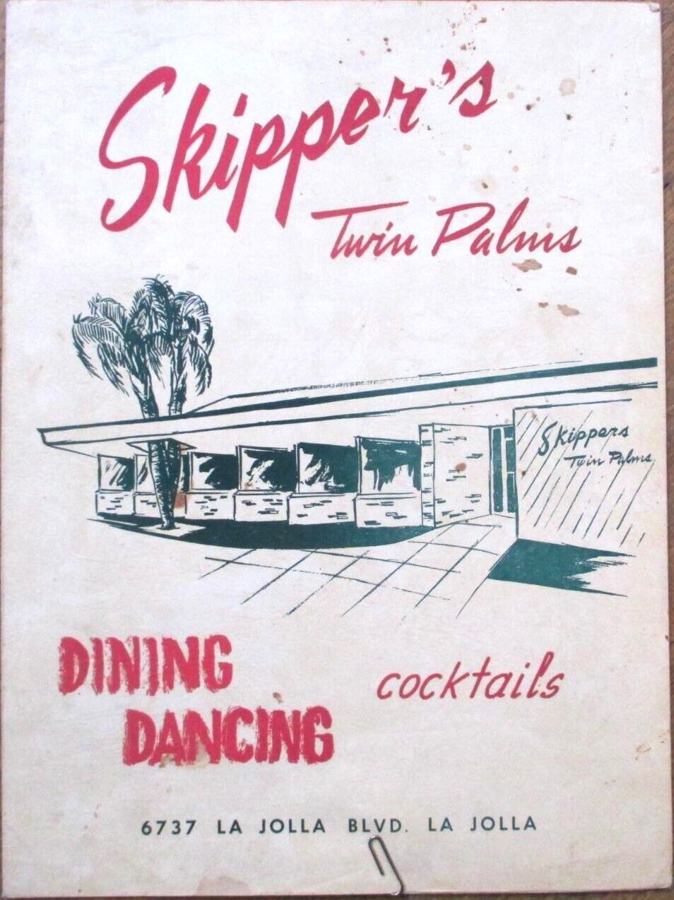 La Jolla, CA 1940s Tiki Menu, Skipper's Twin Palms Cocktails Gay Scene San Diego