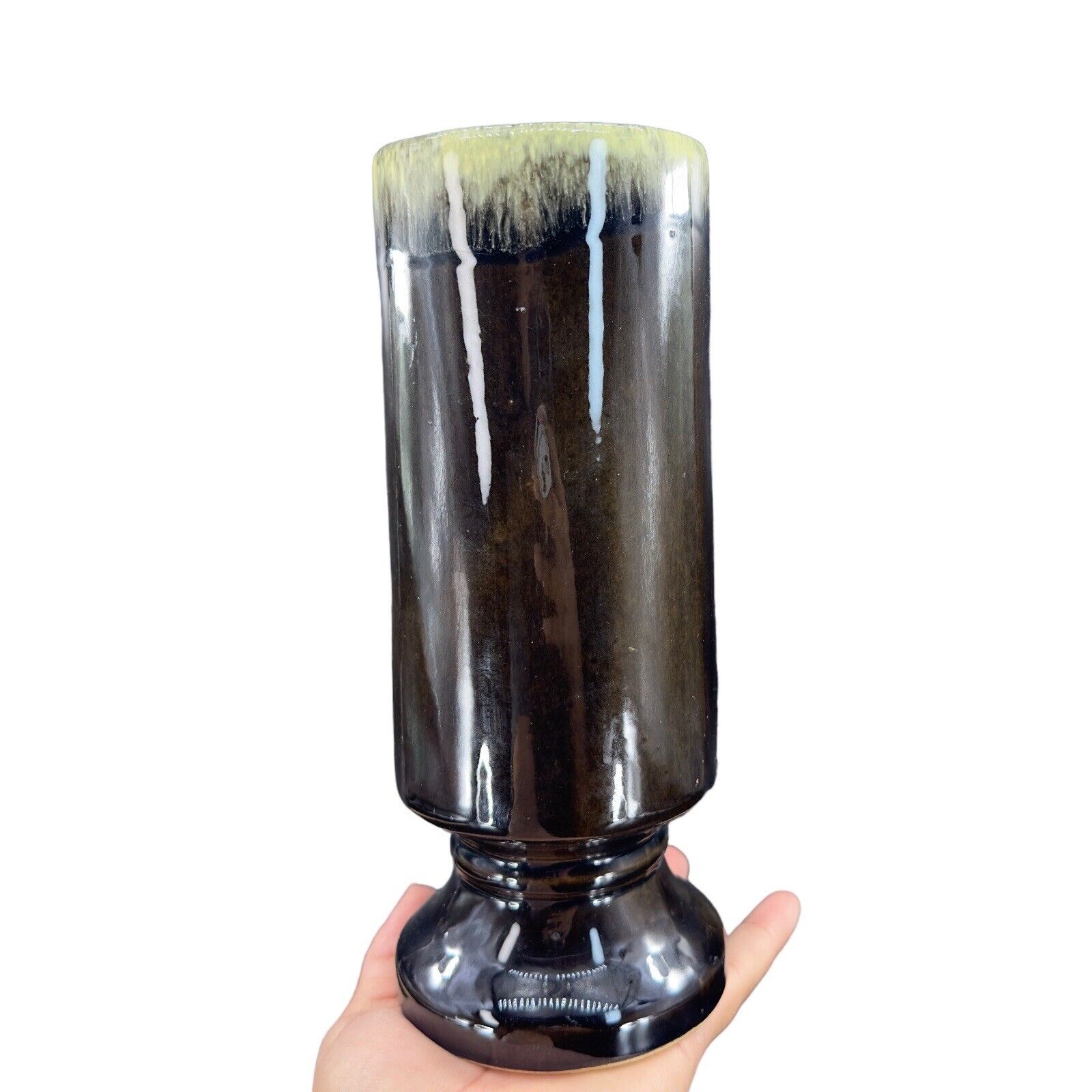 Vintage Hull Pottery Vase USA F85 Footed Cylinder Shaped Vase Dark Olive Green