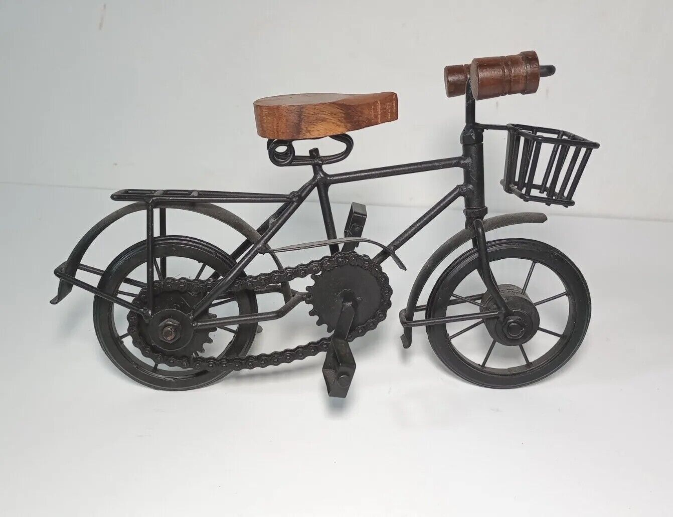 Metal Doll Bicycle with Basket Working Chain Wooden Seat & Handles Black Bike