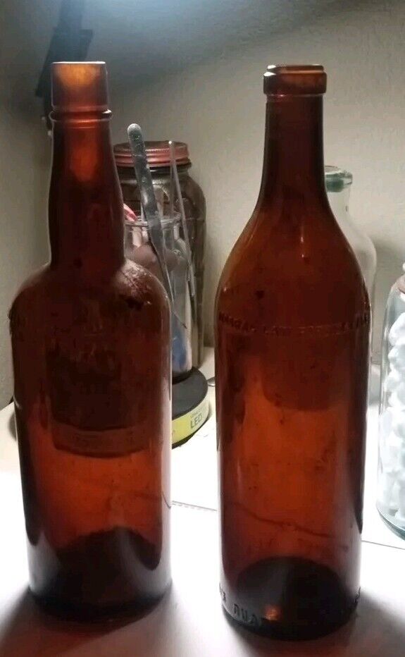 2 Antique Vintage Amber Glass Whiskey Beer Bottles From CUBA