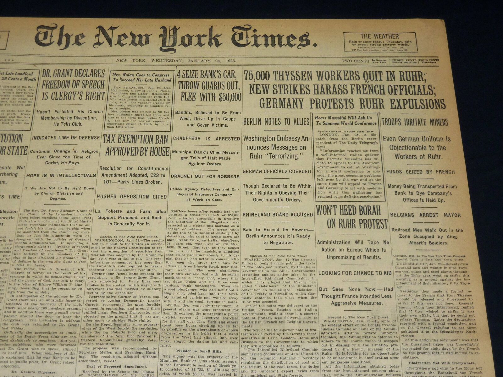 1923 JANUARY 24 NEW YORK TIMES - 75,000 THYSSEN WORKERS QUIT IN RUHR - NT 7903