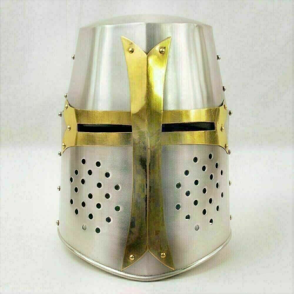 Medieval Helmet Decorative Barrel Brass Crusader Helmet With Display Stand