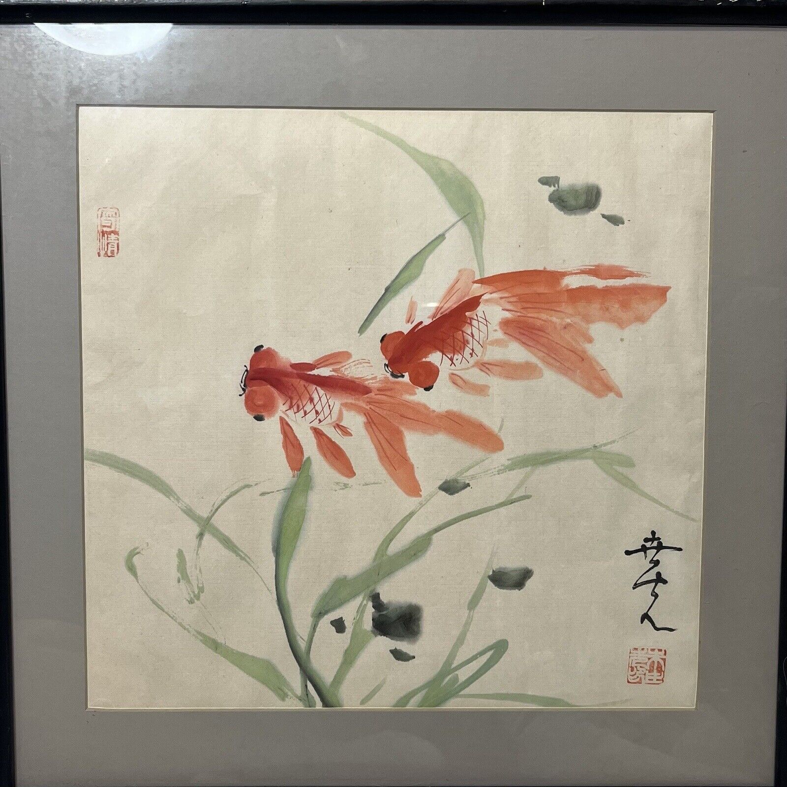 VTG Chinese Art Watercolor of Two Koi Fish-Signed/Stamped 17.5”x17”