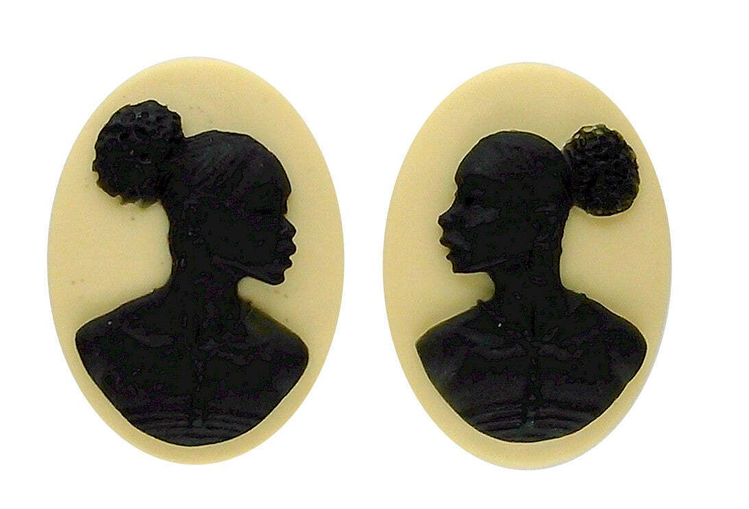 25x18mm Matched Pair African American Resin Cameo Black Ivory Afro Ethnic Black 