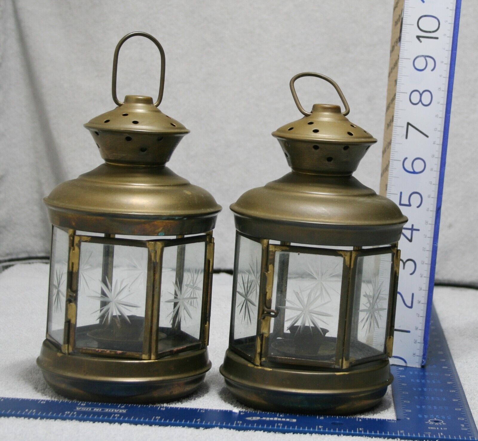 Pair (2) Antique Hanging lanterns Xmas candlestick Rare , brass Etched glass 60s