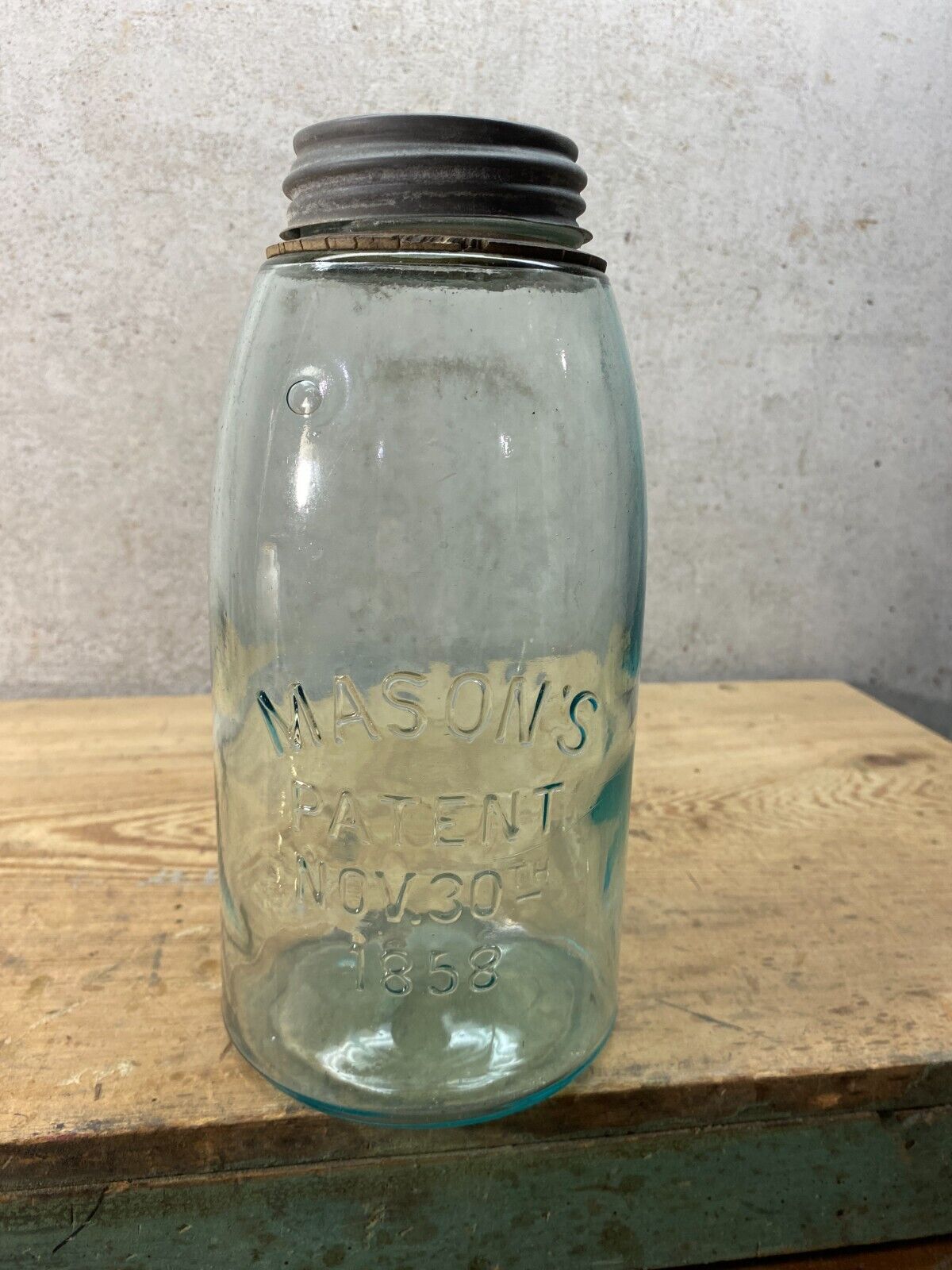 1 - Vintage Atlas Mason Half-Gallon (1) Green Blue jars no Damage 1858