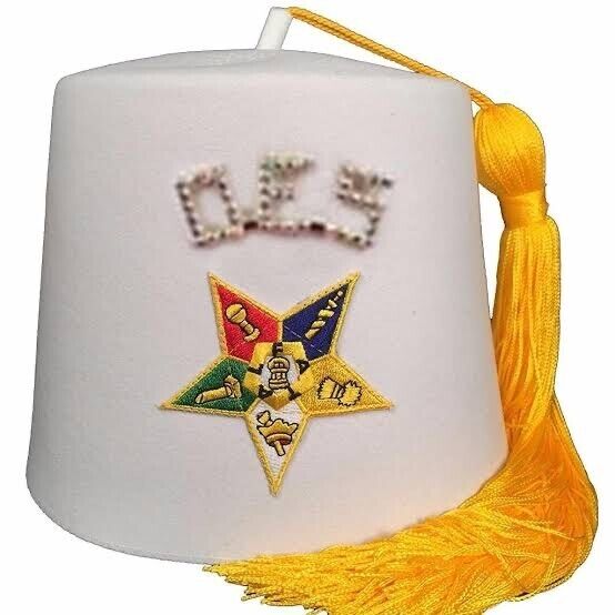 New Order of the Eastern Star OES Rhinestone White Fez- OFF White Fez