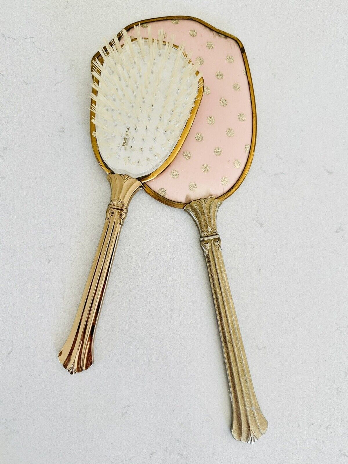Vintage Vanity Hair Brush & Mirror Pink With Gold Polka Dots. Design Gold Tone
