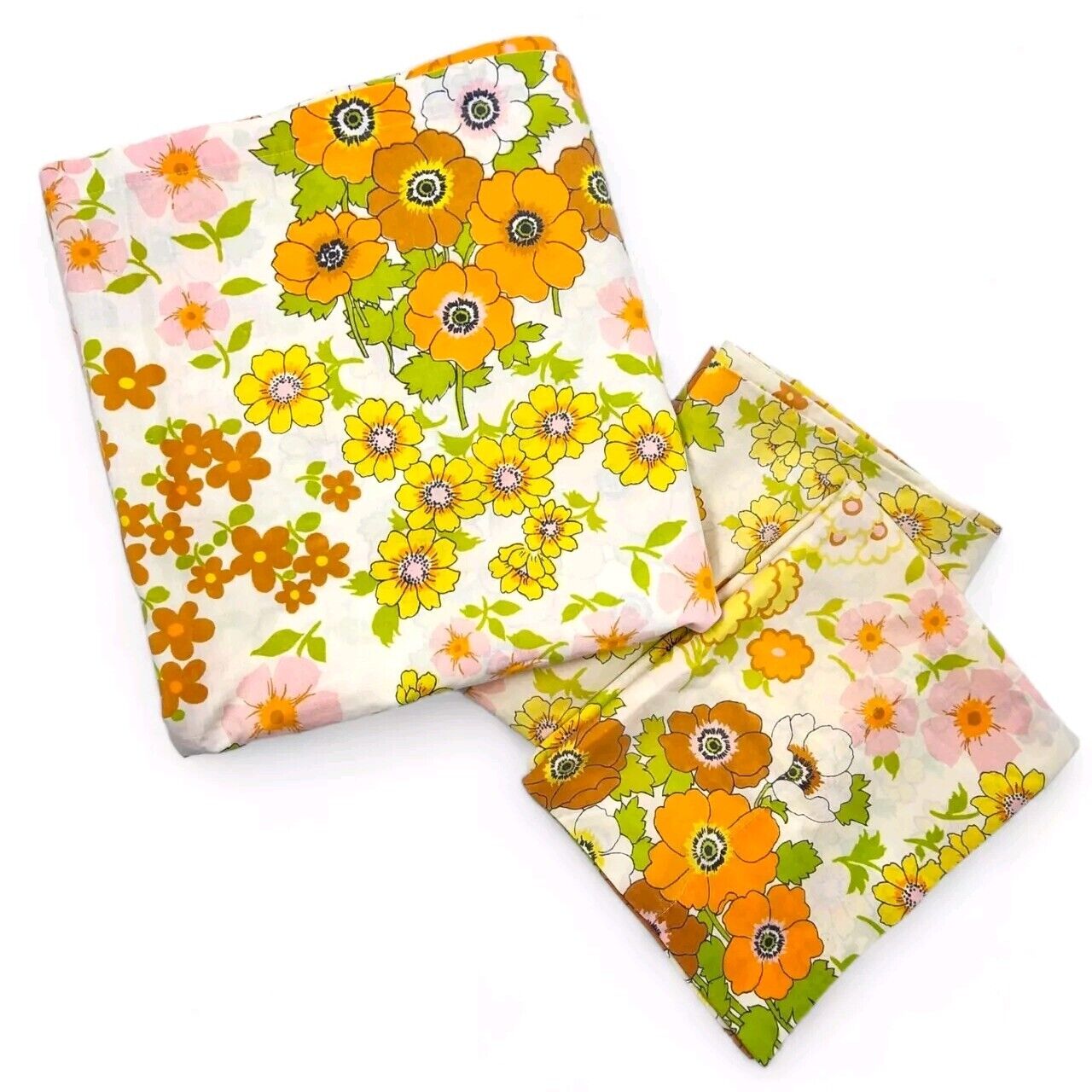 Vtg Fieldcrest Perfection Flat Sheet & 2 Pillowcases 1970s Floral Orange Yellow