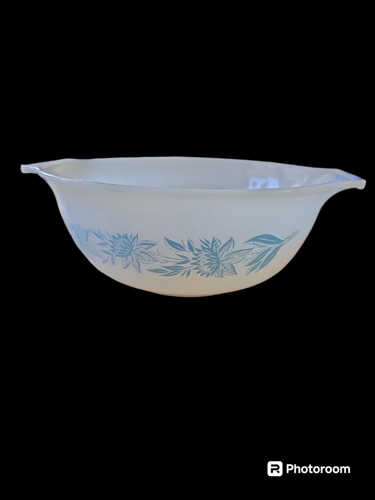 Vintage Unmarked GLASBAKE Mixing Bowl Aqua Blue Thistle Flower Milk Glass 9\