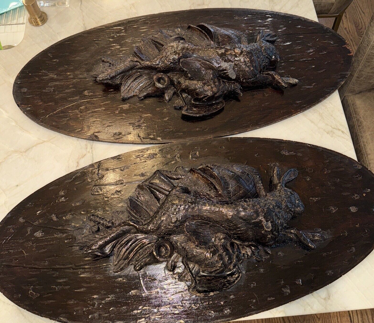 Black Forest Vintage Carved Plaques, Pair, Age And Origin Unknown