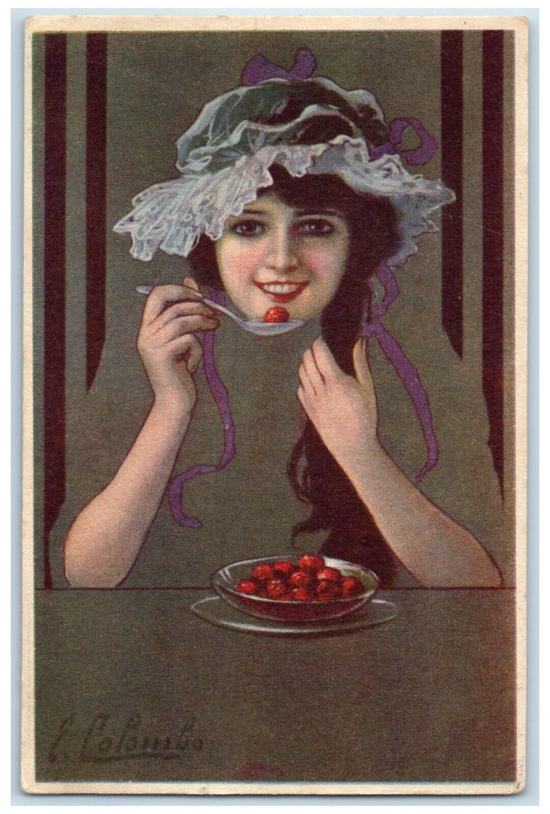c1910's Pretty Woman Eating Cherry E Colombo Unposted Antique Postcard