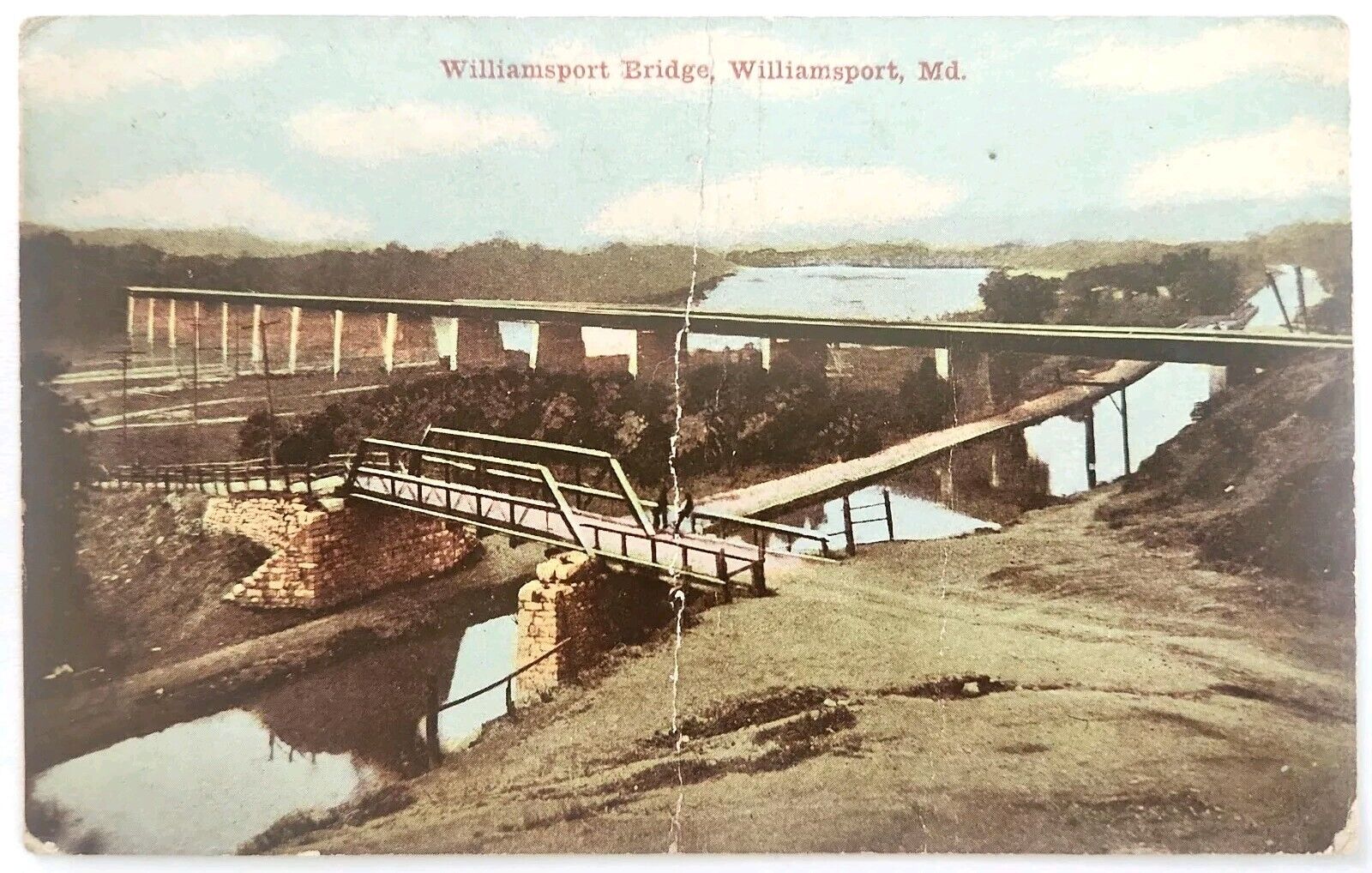 Postcard Old Ferry Bridge New Bridge Williamsport Maryland Potomac River VTG MD