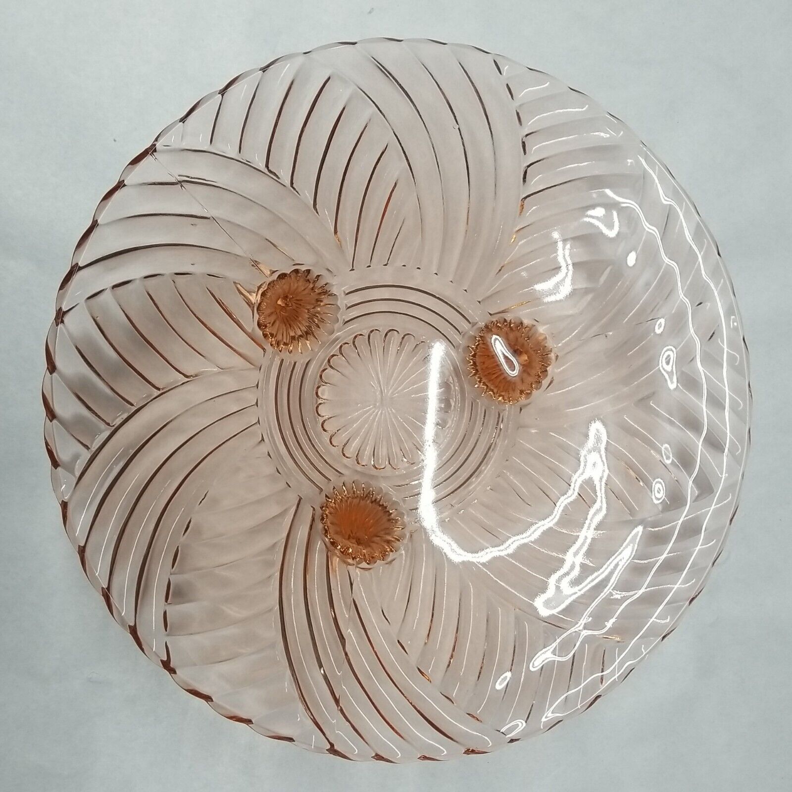 Pink Depression Glass Tri Footed Prismatic Swirl Pattern Bowl Centerpiece Vtg.