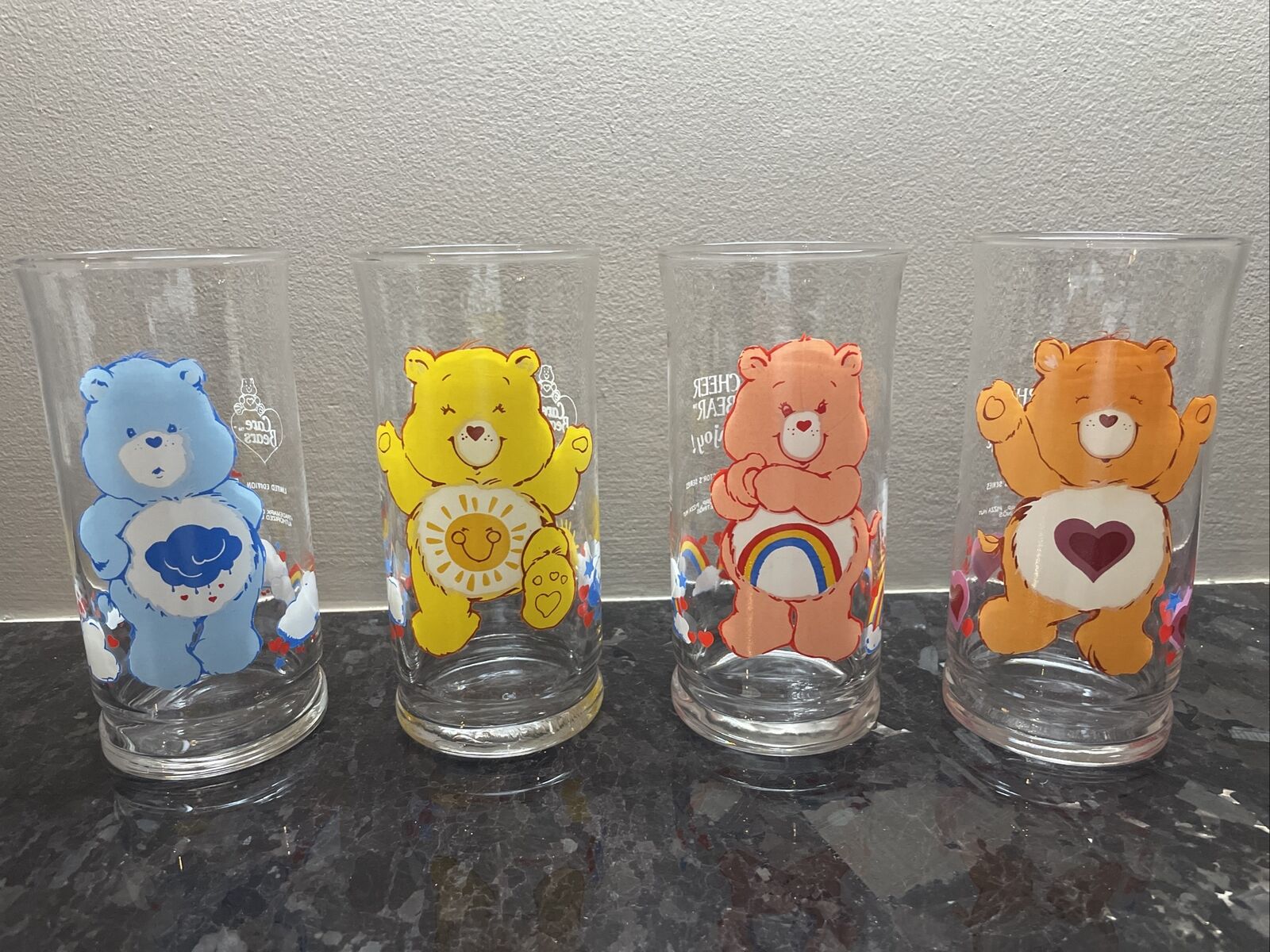Vintage Care Bears Glasses Pizza Hut Limited Edition 1983 Complete Set Of 4