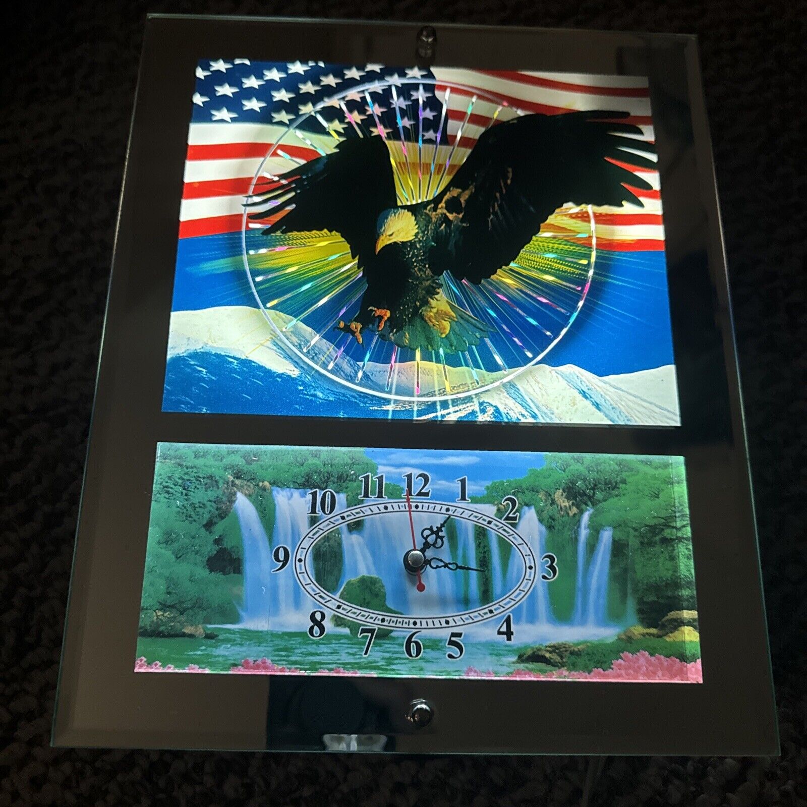 American Bald Eagle Vintage Mirror Wall Clock Light Up Flag Patriotic USA 11x9
