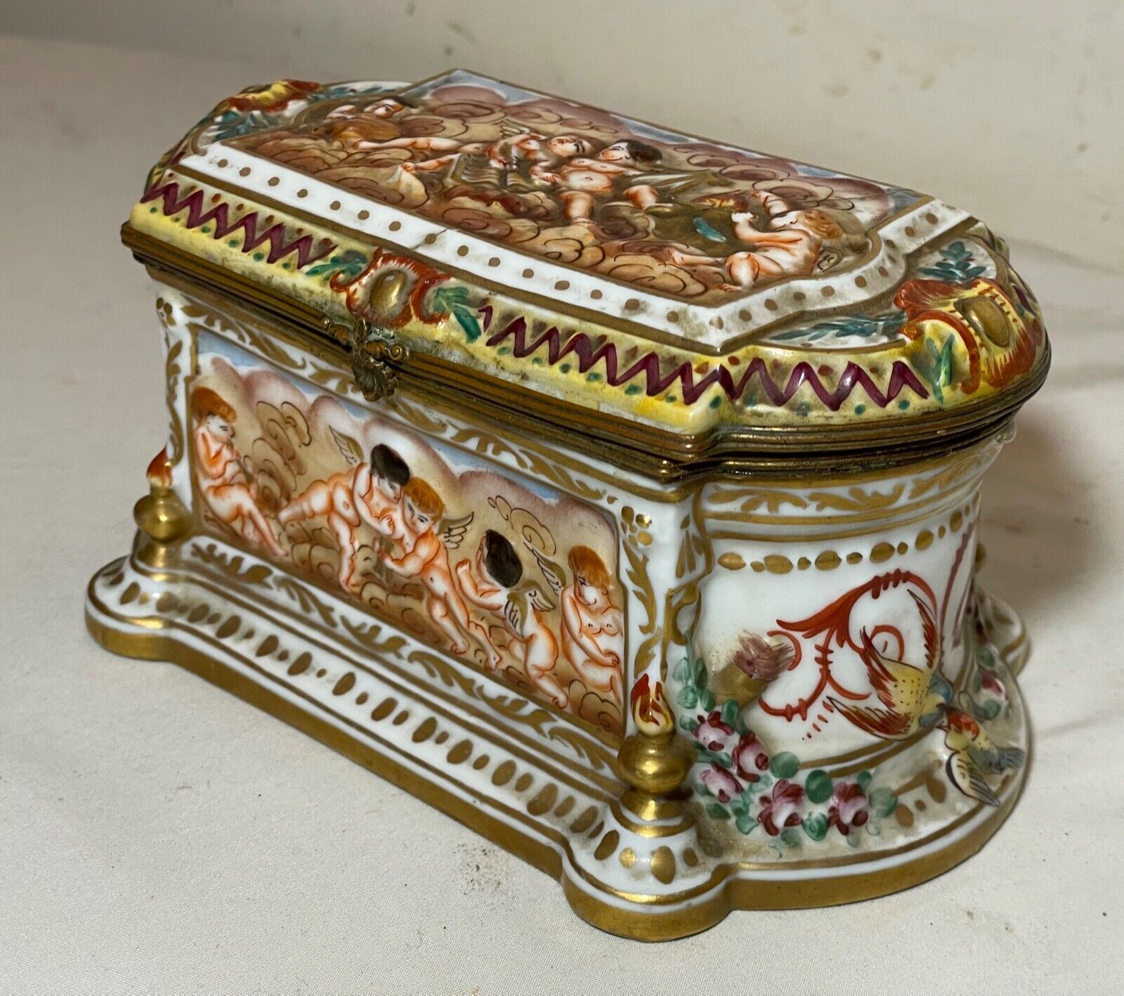 antique 1800's hand painted porcelain bronze France Capodimonte casket Box