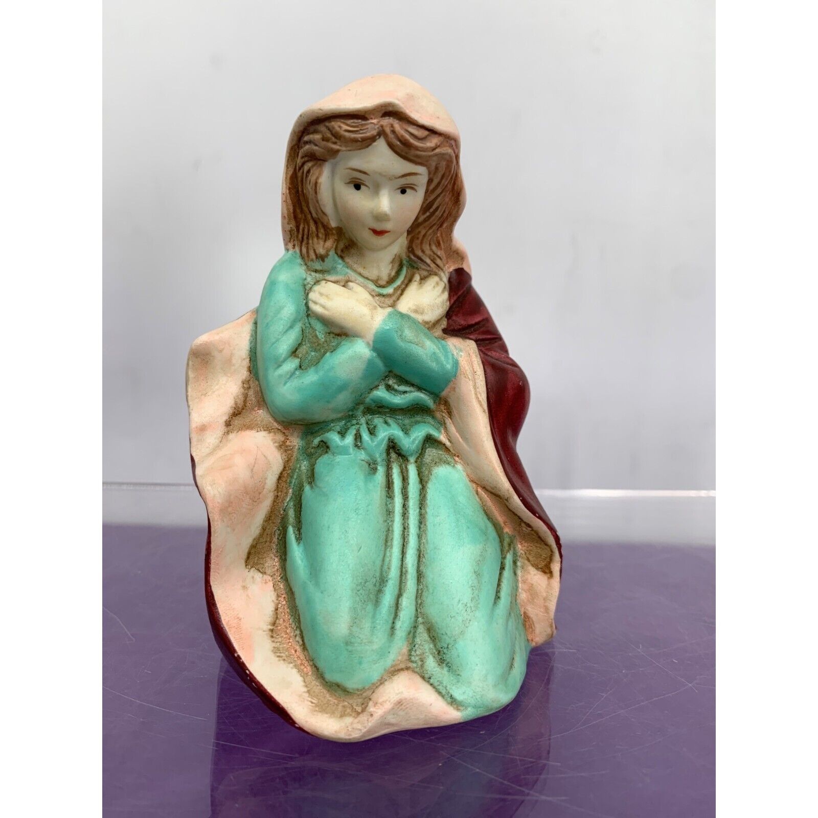 Vintage Porcelain Virgin Mother Mary Kmart Figurine Teal Dress with Red Maroon C