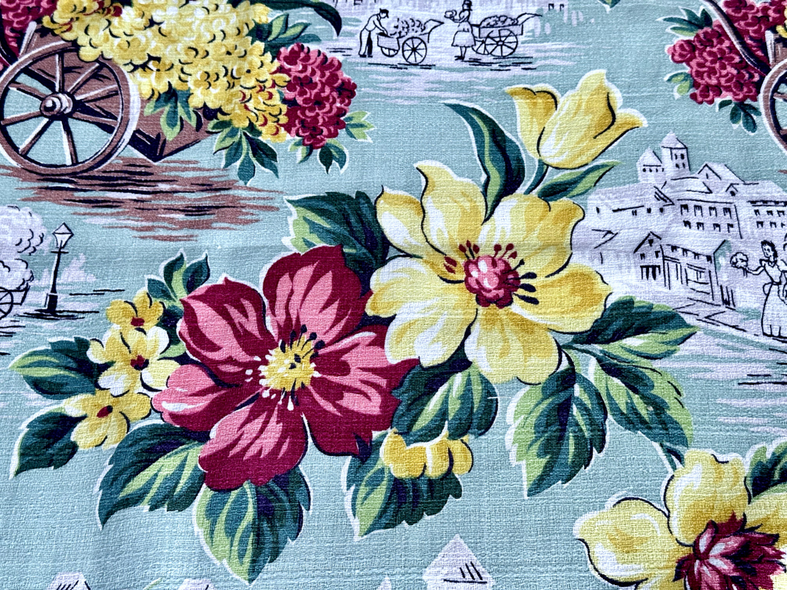 1930's Pastel Mint Old Town Key West Hibiscus AUTHENTIC Barkcloth Vintage Fabric