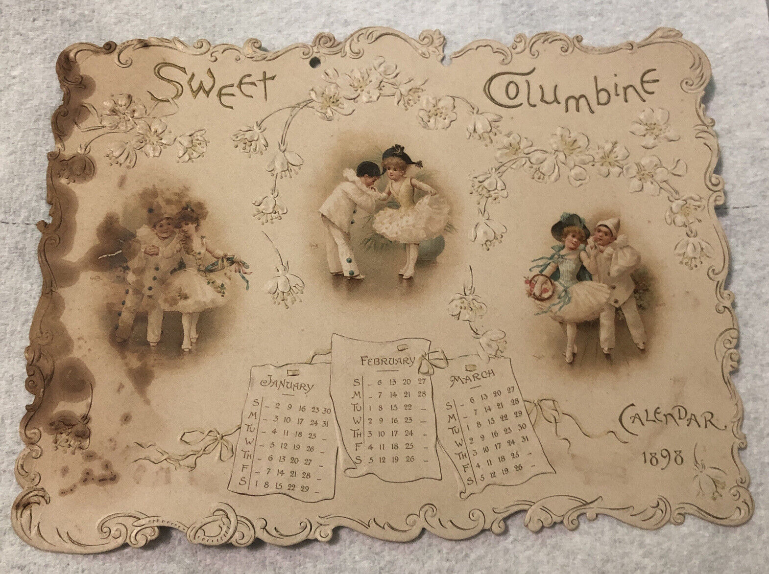 Antique Victorian Embossed Calendar 1898 Sweet Columbine ￼Harriet Bennett
