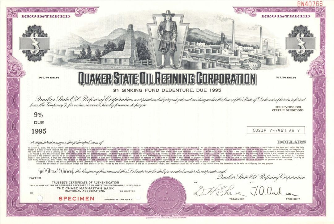 Quaker State Oil Refining Corp. - Specimen Bond - Specimen Stocks & Bonds