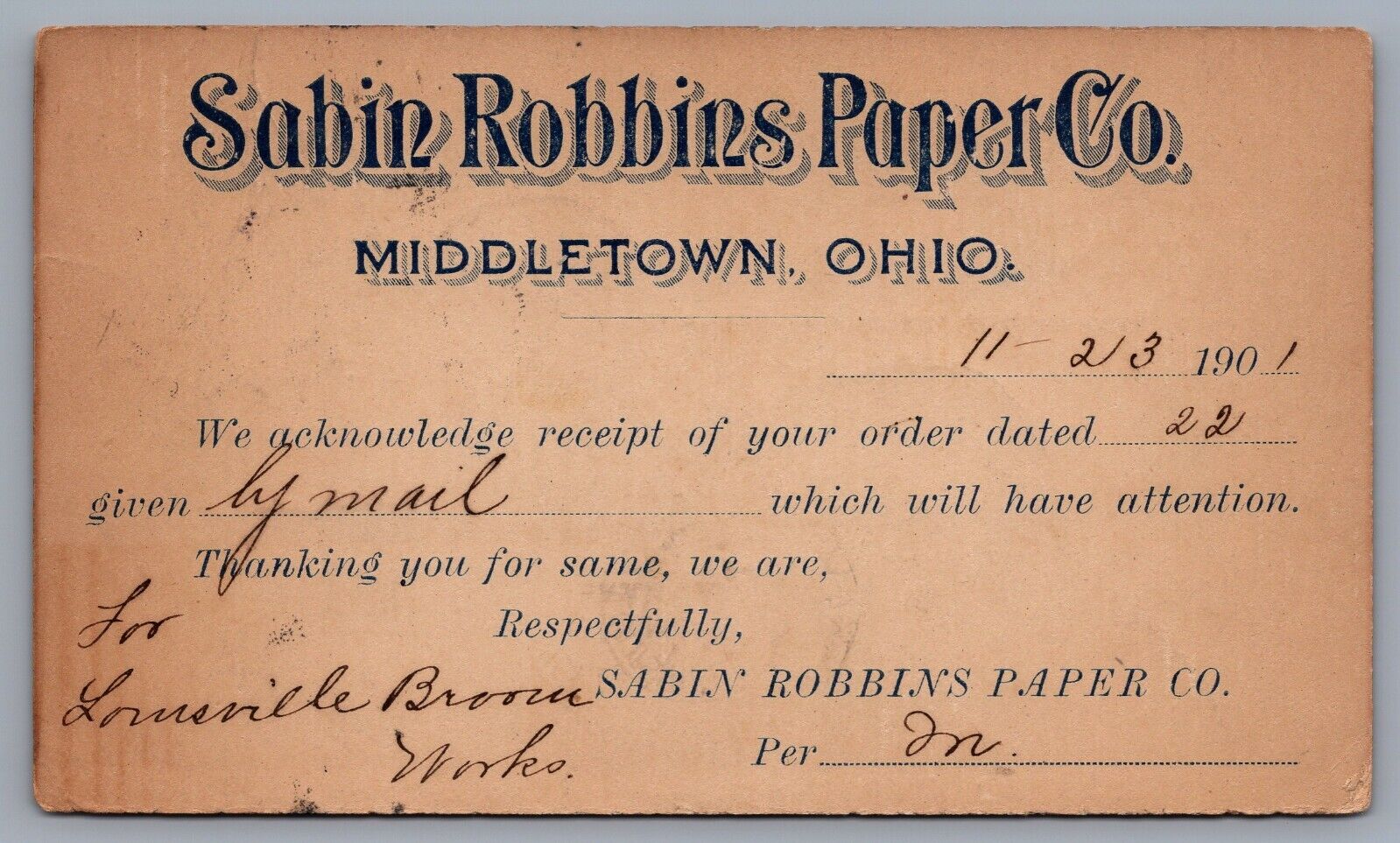 1901 Middletown, Ohio Sabin Robbins Paper Co. Postcard Receipt Ephemera