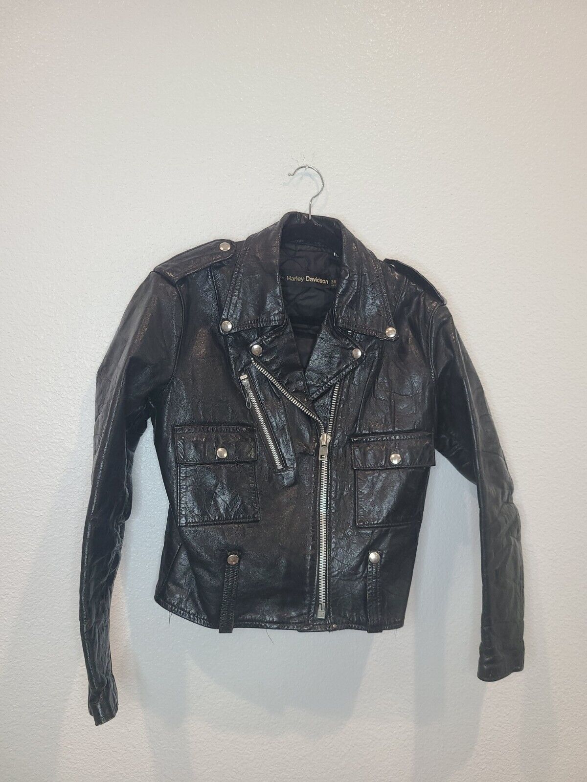 Vintage AMF Harley Davidson Black Leather Moto Jacket, 36 reg. Crop retro biker
